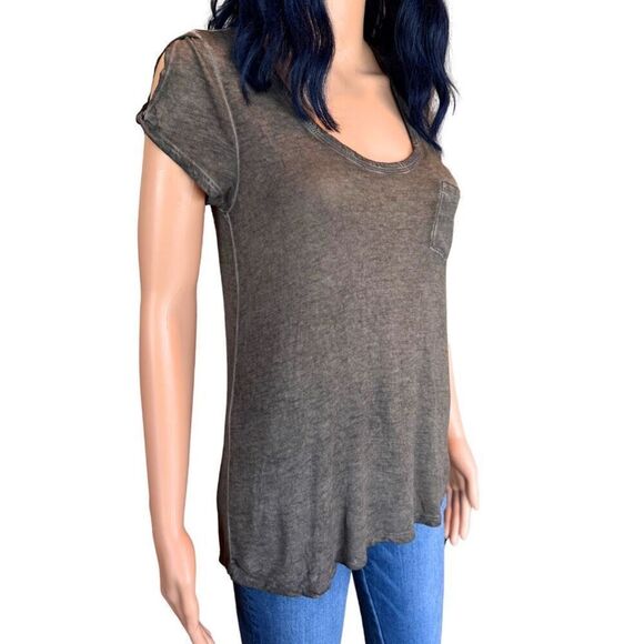 Anthropologie Labiz Washed Gray Brown Open Shoulder Pocket Tee Size Small NEW - Picture 2 of 5